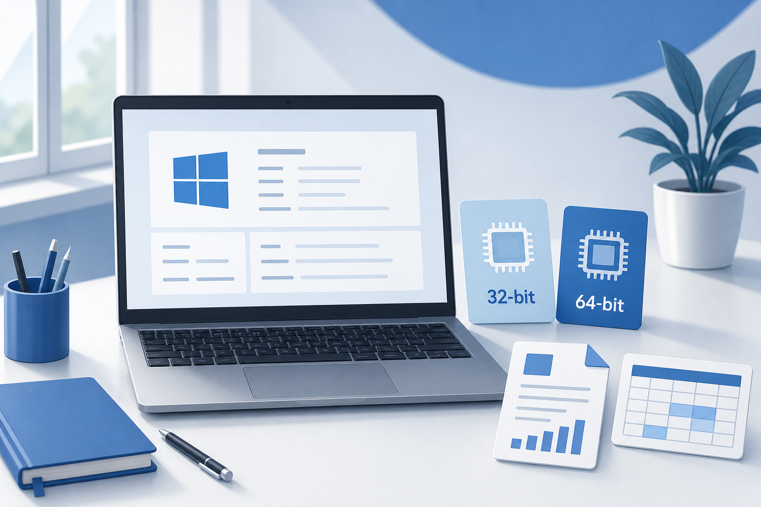 Windows 电脑上对比 32 位与 64 位办公软件选择的示意图