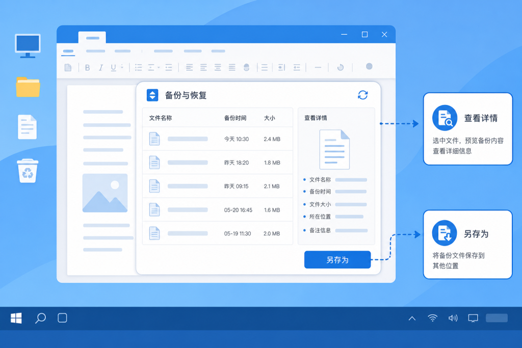 在办公软件备份管理面板中查找并恢复自动保存文档的示意图