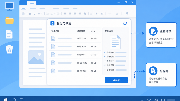 在办公软件备份管理面板中查找并恢复自动保存文档的示意图
