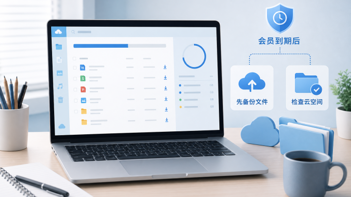 电脑上的通用云文件列表与存储容量提示，说明会员到期后应先备份重要文件
