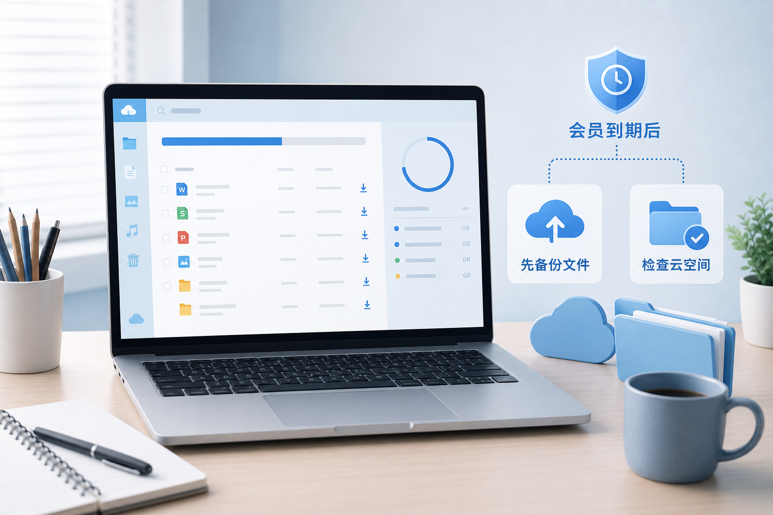 电脑上的通用云文件列表与存储容量提示,说明会员到期后应先备份重要文件