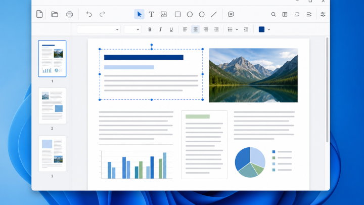 Illustration of editing text in a PDF document on a desktop computer