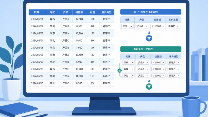 WPS表格高级筛选多条件的条件区域示意图
