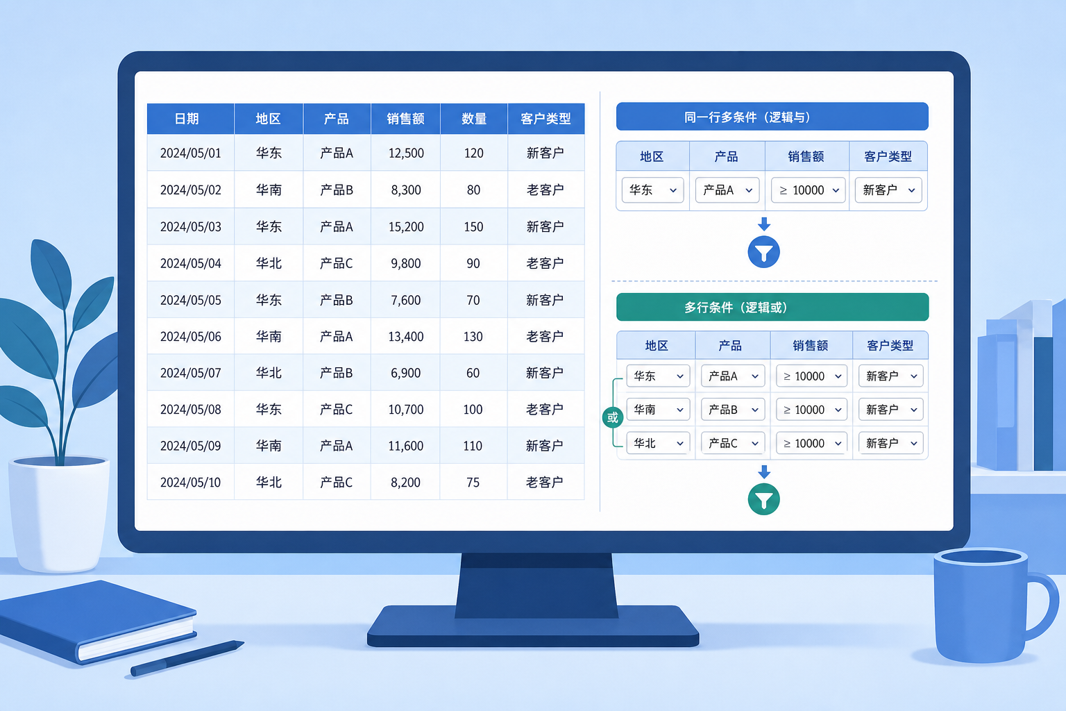 WPS表格高级筛选多条件的条件区域示意图