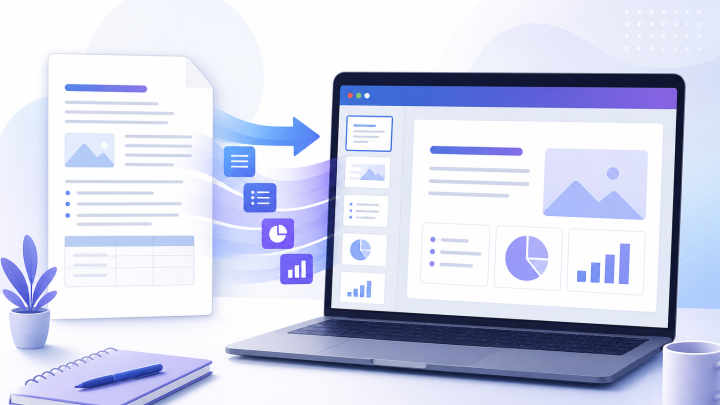 Illustration of a document being turned into editable presentation slides with AI