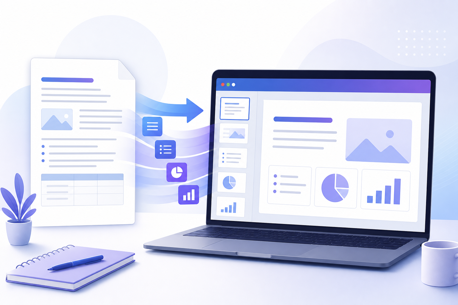 Illustration of a document being turned into editable presentation slides with AI