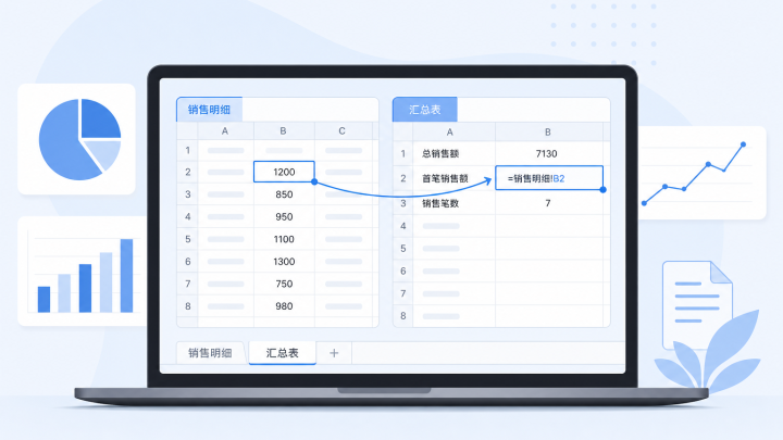 电子表格中从销售明细工作表引用数据到汇总表的示意图