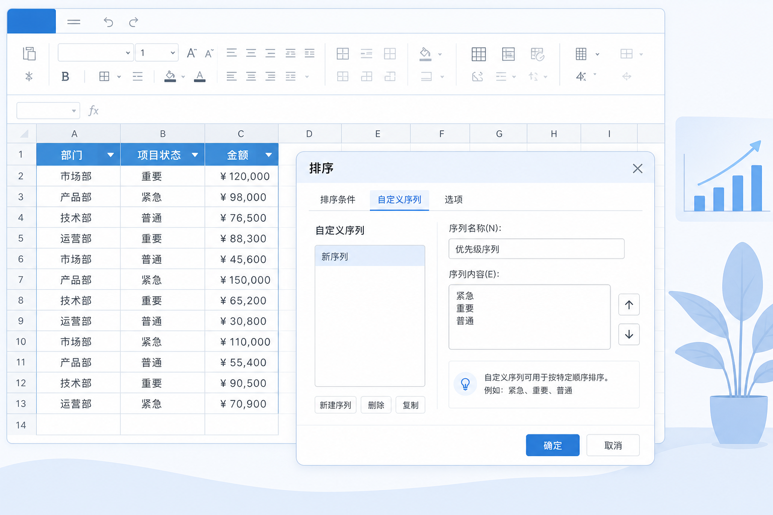 电子表格中设置自定义序列排序的示意图