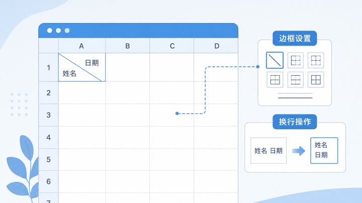 WPS表格斜线表头制作示意图，展示单元格中的斜线和两端标题文字