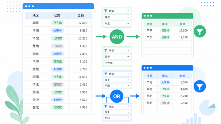 多条件筛选逻辑示意图：同时满足与满足其一的表格公式条件