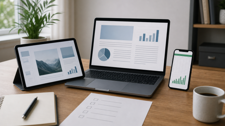 Laptop, tablet, and phone beside a generic checklist for office software system requirements.