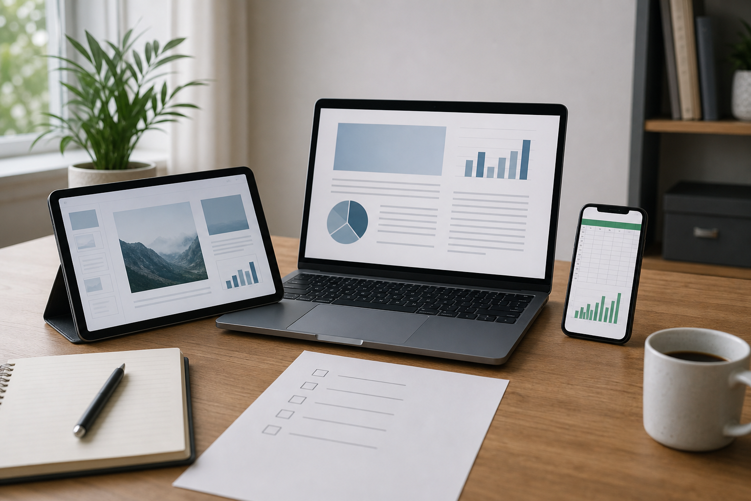 Laptop, tablet, and phone beside a generic checklist for office software system requirements.