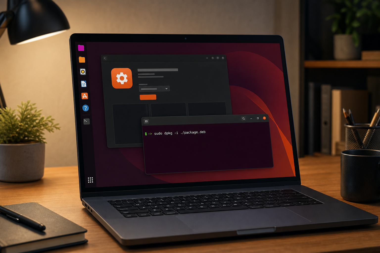 Ubuntu 桌面上下载并通过终端安装办公软件的示意图