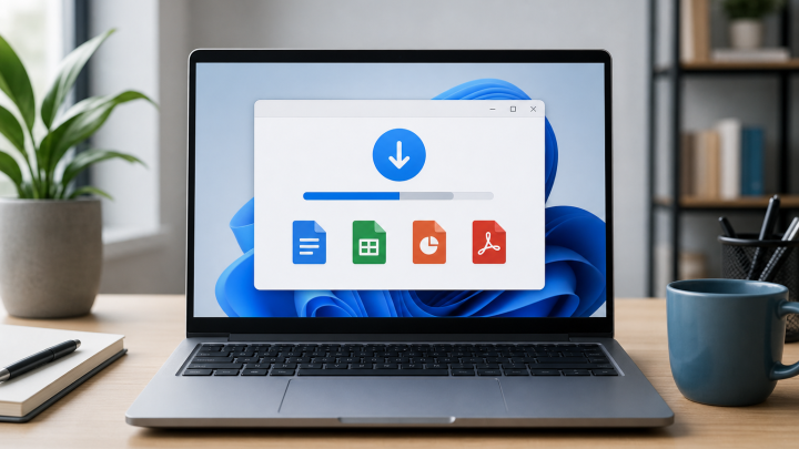 Illustration of downloading an office productivity suite on a Windows 11 laptop.