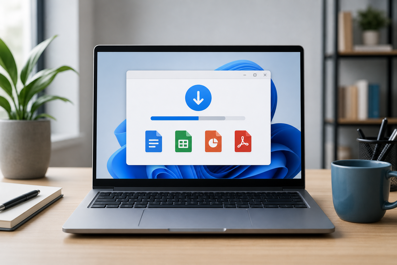 Illustration of downloading an office productivity suite on a Windows 11 laptop.