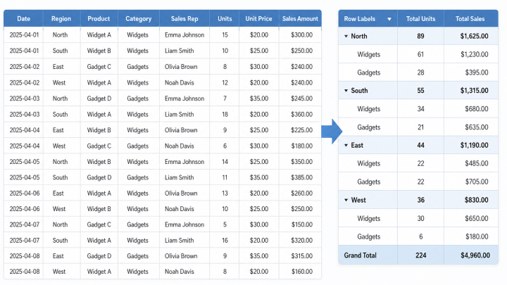 Illustration of source data summarized in a pivot-style table.