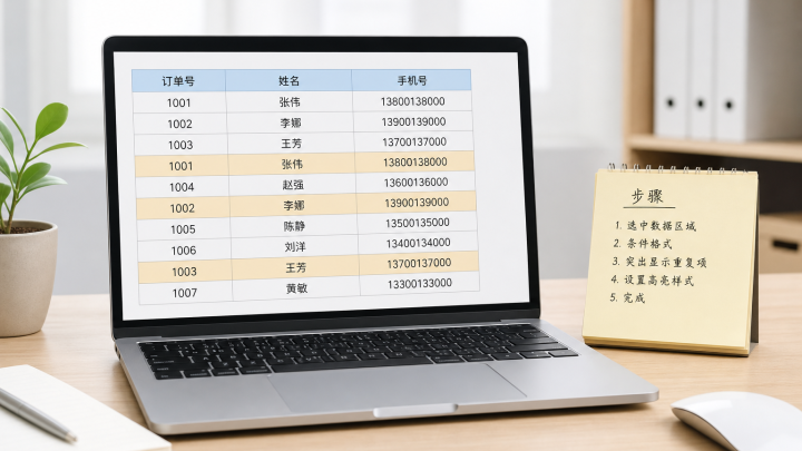 电子表格中标记重复记录并准备进行去重的示意图