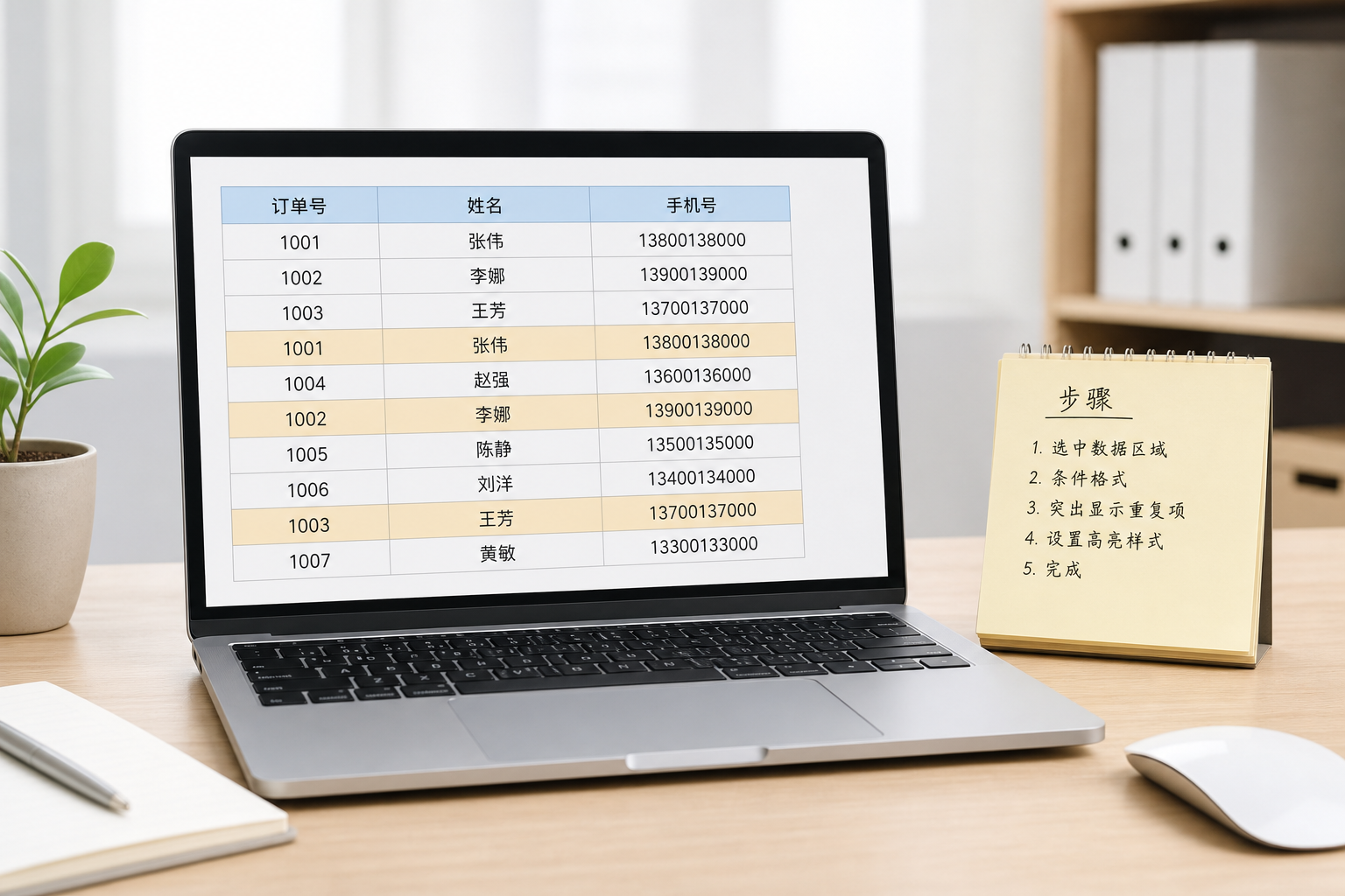 电子表格中标记重复记录并准备进行去重的示意图