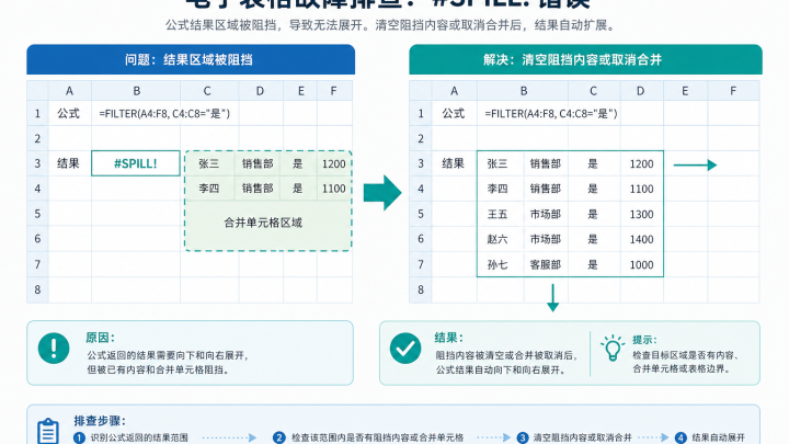 电子表格公式结果被占用单元格阻挡，清除后自动展开的示意图