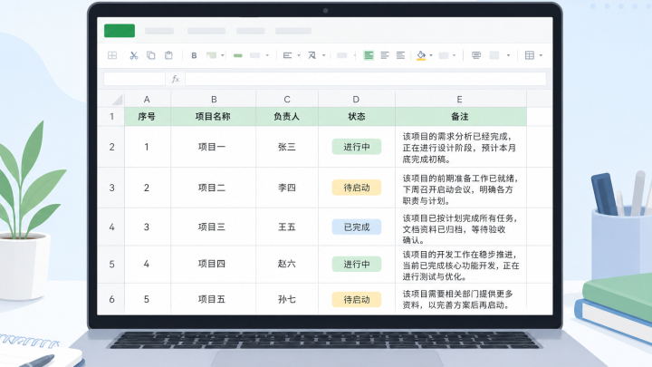 电子表格中长文本在备注列自动换行显示的示意图