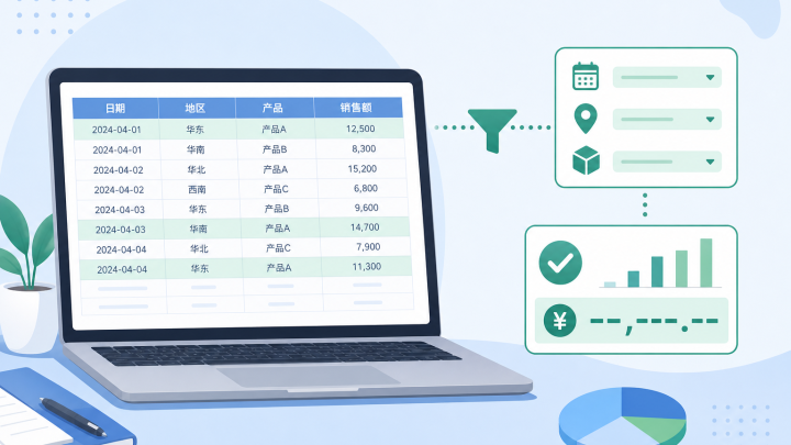 电子表格中使用多条件筛选汇总销售额的示意图