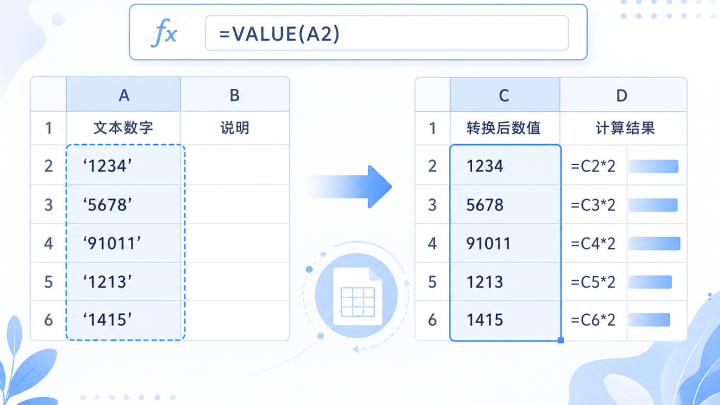电子表格中将文本数字转换为可计算数值的示意图