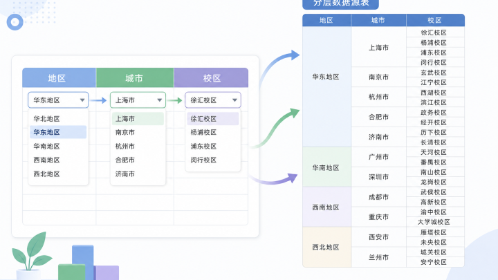 三级联动下拉列表的数据源与地区城市校区选择示意图