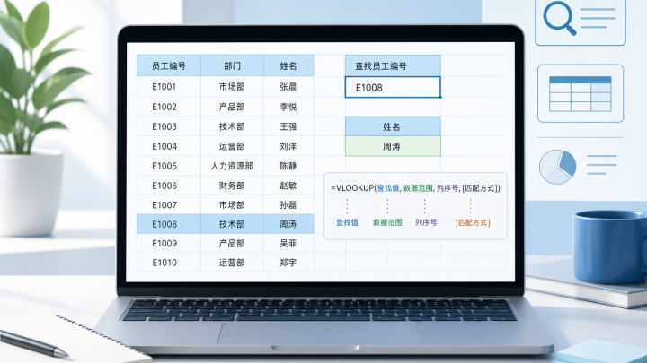 用电子表格查找员工编号并返回姓名的 XLOOKUP 示例示意图