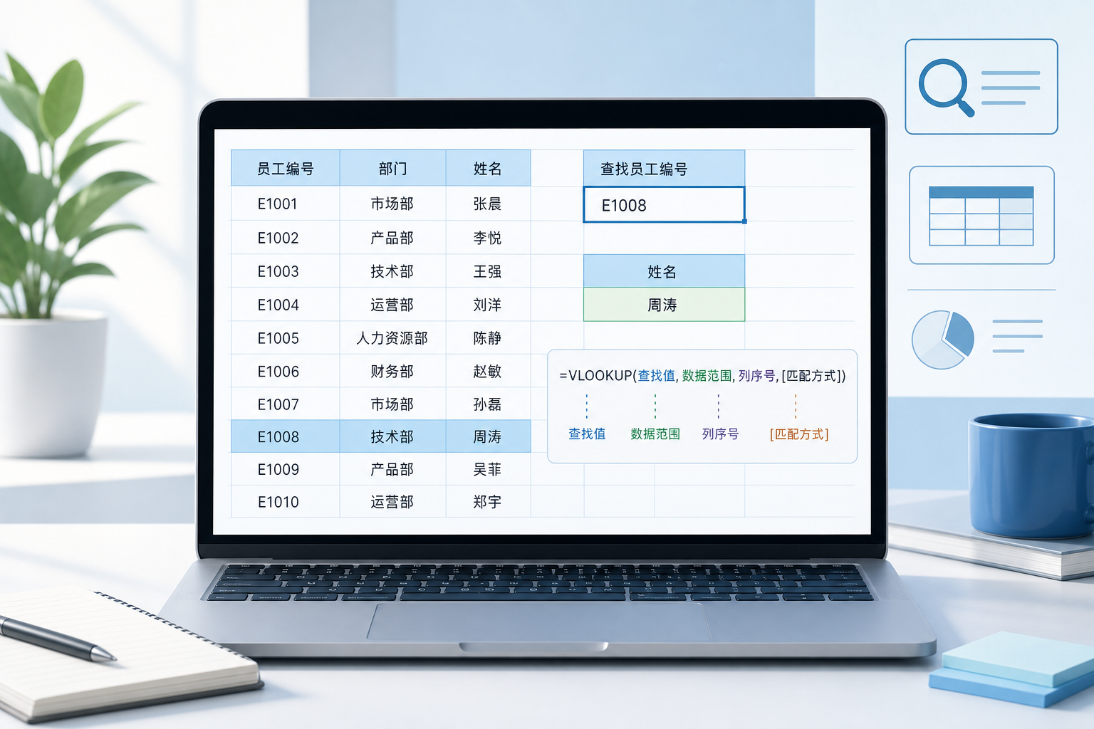 用电子表格查找员工编号并返回姓名的 XLOOKUP 示例示意图