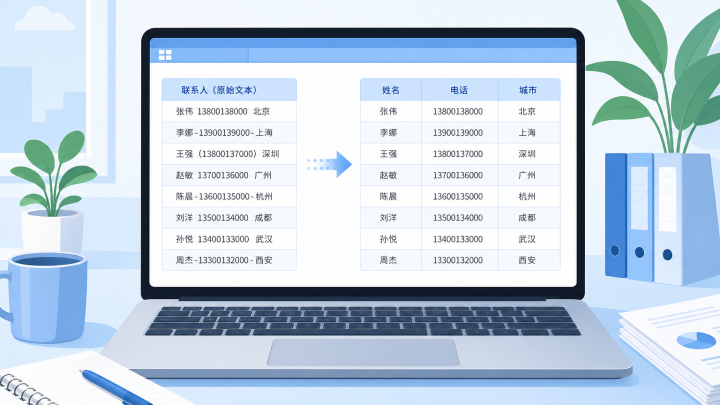 AI 将混合联系人文本拆分为姓名、电话和城市字段的表格示意图