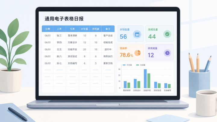 电子表格日报明细与汇总指标示意图