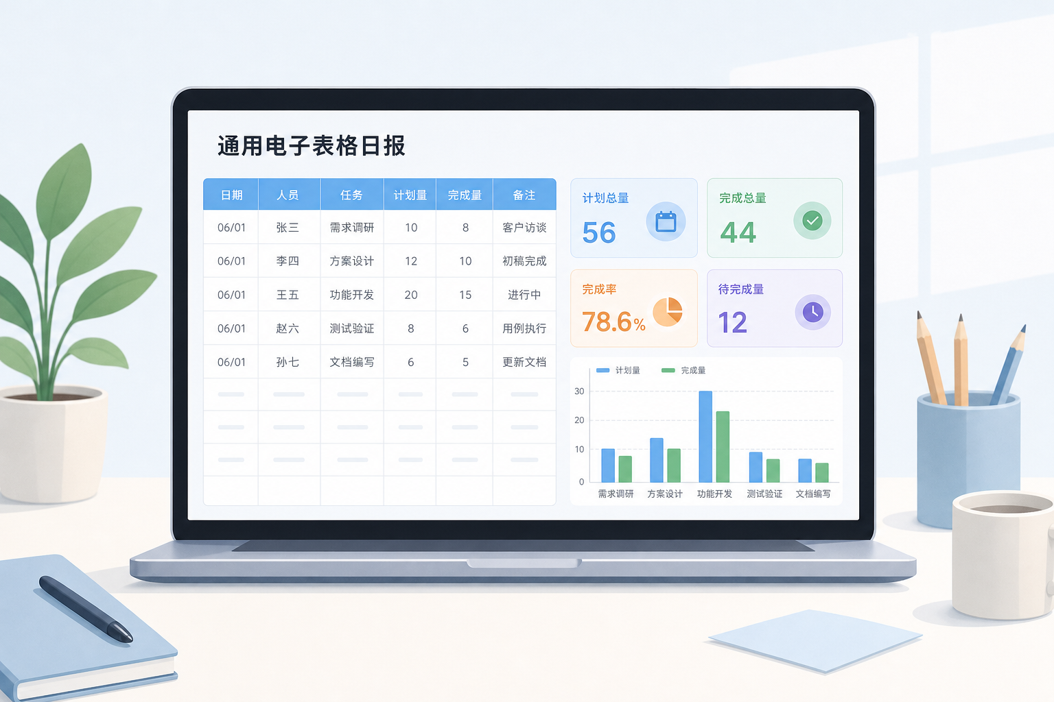 电子表格日报明细与汇总指标示意图