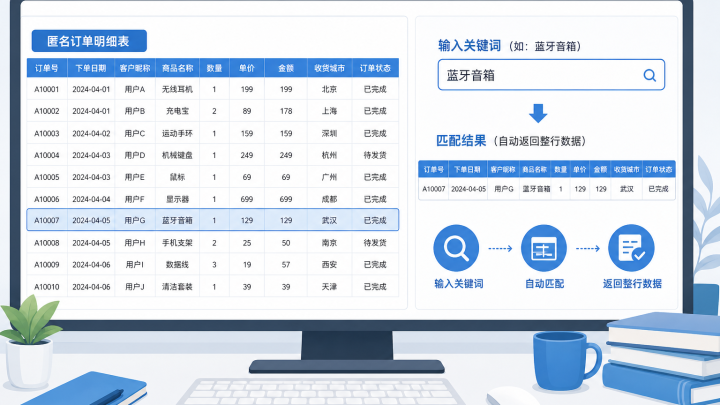电子表格中输入关键词后自动显示匹配整行记录的示意图