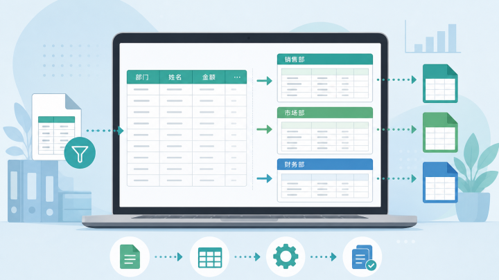 按部门字段自动拆分为多个工作表的示意图